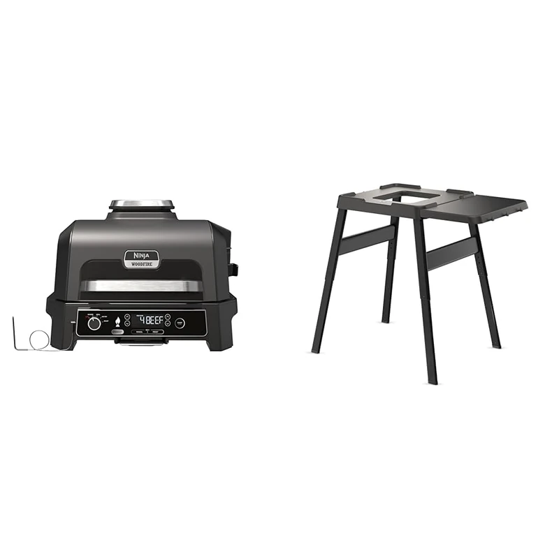 Ninja Woodfire Pro XL Electric BBQ Grill & Smoker with Digital Probe, Large 4-in-1 Outdoor & Woodfire Adjustable Stand & Side Table, Electric Outdoor Oven & BBQ Grill Stand, Heavy-Duty