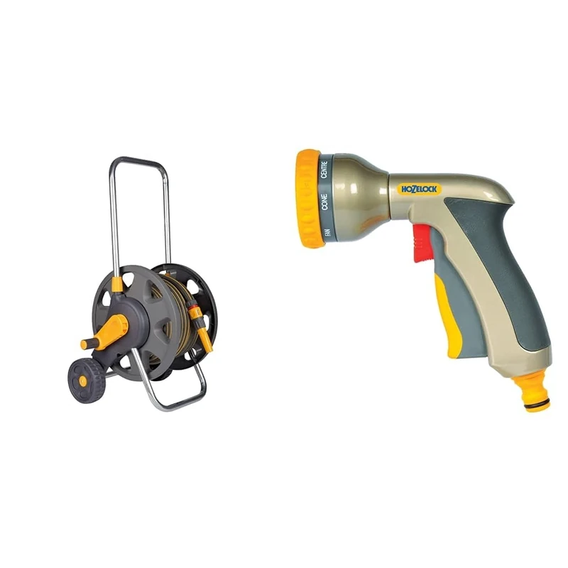 Hozelock Ltd 25m Ultramax Coil on 45m cart, Grey & HOZELOCK - Multi-Jet Spray Gun Plus : Ergonomic, Extremely Compact Metal Multi-Task Gun for Ease of Use, Lockable: 9 Spray Patterns [2691P6001]