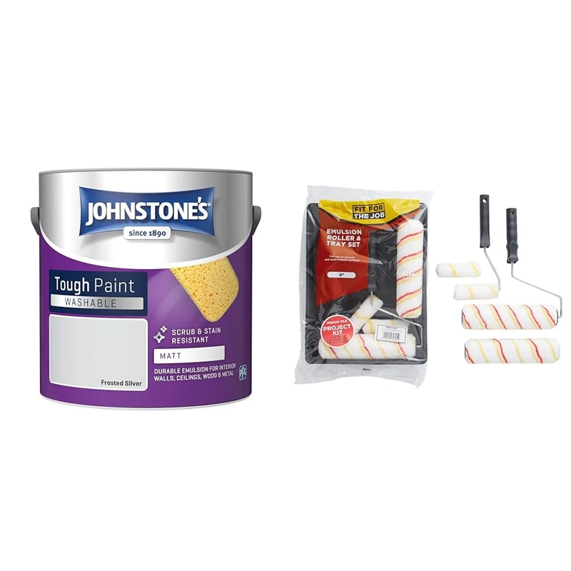 Johnstone's - Washable Paint - Frosted Silver - Matt Finish - Emulsion Paint - Highly Durable & Fit For The Job 7 piece Emulsion Paint Roller Set, 2x 9 inch & 2x Mini Paint Rollers, Frames & Paint