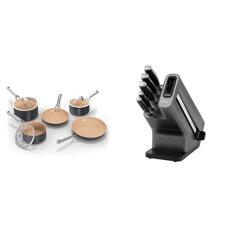 Ninja Extended Life 5-Piece Ceramic Cookware Set (20 & 24cm Frying Pans + 16, 18 & 20cm Saucepans & 5-Piece Foodi StaySharp Knife Set with Integrated Sharpener)