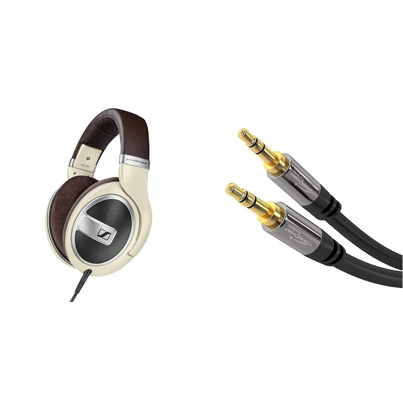 Sennheiser HD 599 Around-Ear Open Back Headphones - Ivory & Aux cable – 2m – 3.5mm audio cable, designed in Germany with break-proof metal plug