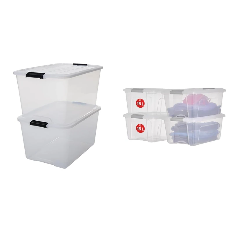 Iris Ohyama Plastic Storage Boxes with Lids, 45L, Set of 2, Clear, Latching Buckles & Storage Boxes with Lids, 15L, Set of 4, Silver, Secure Buckles, Stackable, Pull-Handles