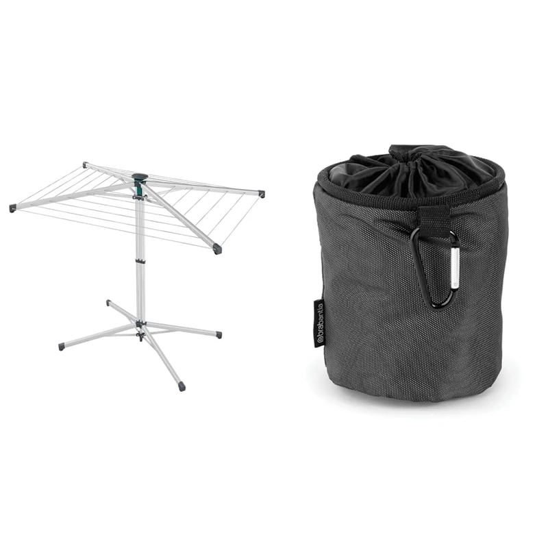 Leifheit Umbrella Stand Dryer LinoPop-Up 140 umbrella clothesline, free-standing outdoor clothesline & Brabantia - Premium Peg Bag - with Closing Cord - Durable and Weather Resistant