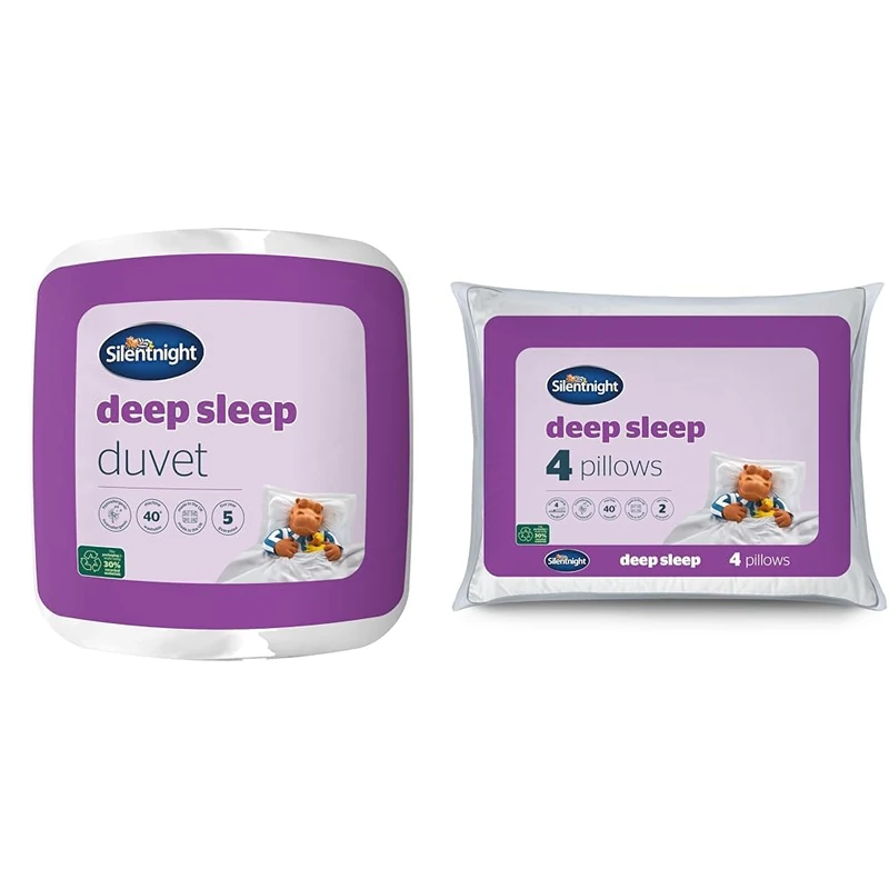 Silentnight Deep Sleep Duvet 10.5 Tog - All Year Round Soft Fluffy Comfortable Duvet - Hypoallergeni & Deep Sleep Pillows 4 Pack - Medium Support Bed Pillows for Side, Front