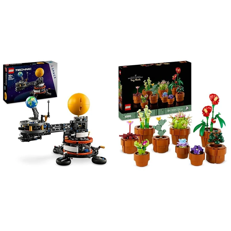LEGO Technic Planet Earth and Moon in Orbit Model Building Set, Outer Space Toys for 10 Plus Year & 10329 Icons Tiny Plants Set, Artificial Flowers in 9 Buildable Teracotta-Coloured Pots