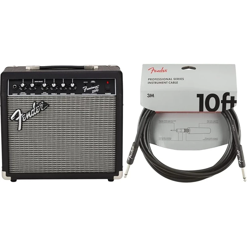 Fender Frontman 20G, Combo Guitar Amp, 20W, Suitable For Electric Guitar, Black & Professional Series Instrument Guitar Cable, 10 ft, Straight/Straight, Black, 3m