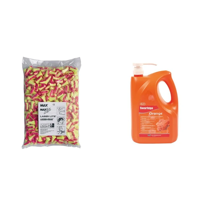 Howard Leight by Honeywell Laser-Lite Single-Use Earplug Refill Pack, SNR 35, 200 Pairs & Generic Swarfega Orange Hand Wash, Solvent-Free Heavy Duty Hand Cleaner with Natural Scrub and Moist