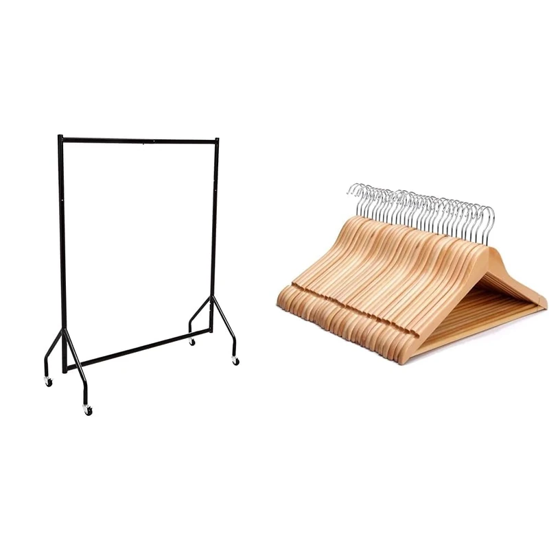 Amazon Basics Heavy Duty Clothes Rail Garment Rail, 1.21 x 1.52 m, Black & KEPLIN Strong Natural Wood Wooden Coat Hangers with 360 Degree Rotatory Hook