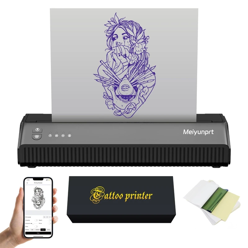 Portable Tattoo Stencil Printer Thermal Printer Machine Kit for Tattoos Bluetooth Thermal Printer Wireless Compatible with Smartphone & Pc for Tattoo Artists & Beginners