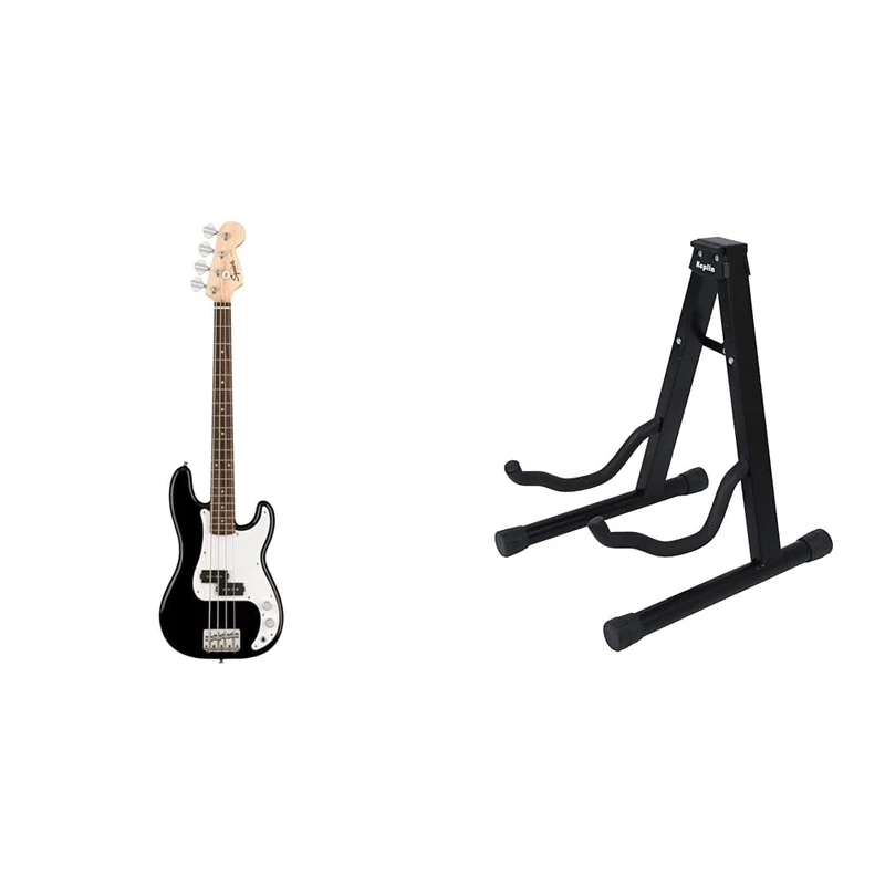Fender Squier Electric Bass - Mini Precision Bass in Black & KEPLIN Guitar Stand A Frame Foldable Universal Fits All Guitars Acoustic Electric Bass Stand A (Guitar Stand)