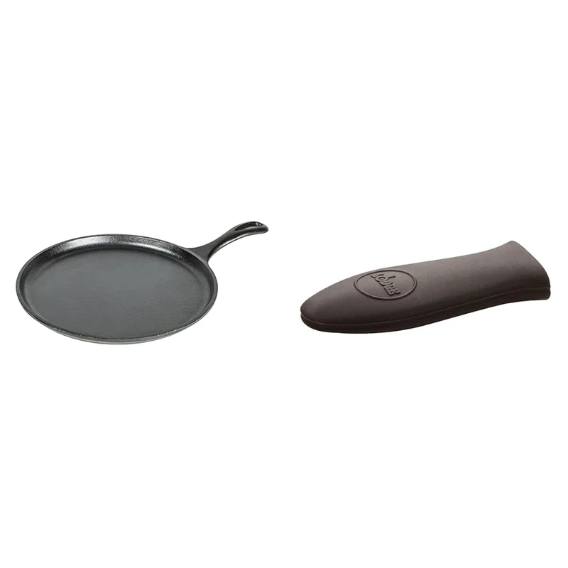 Lodge L9OG3 26.67 cm / 10.5 inch Pre-Seasoned Cast Iron Round Griddle/Pancake Pan, Black & ASHHM11 Mini Silicone Hot Handle Holder, Black, Inoxidable