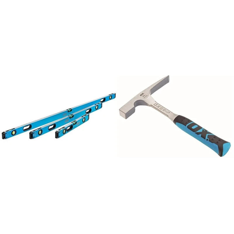 OX Pro Level Bag with 1800mm, 1200mm & 600mm Pro Levels, Black/Blue & OX OX-P082424 Pro Brick Hammer 24 oz - Geological Hammer with Comfortable Grip Handle - Chipping Hammer - Fossil Tool