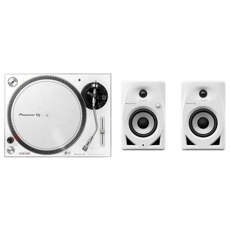 Pioneer DJ PLX-500-W Direct Drive DJ Turntable, White & DM-40D 4” desktop monitor system (White)