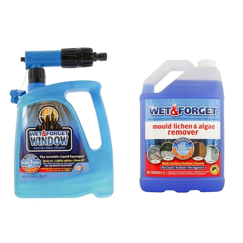 Wet & Forget Window Exterior Glass Cleaner, Streak-Free, No Scrubbing, Ready to Use Formula, 2 Litre & Mould, Lichen & Algae Remover, Outdoor Cleaning Solution, Black Mould Remover, Bleach