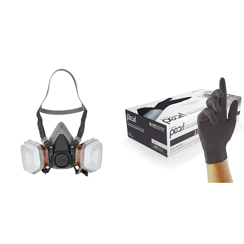 3M Spray Paint Respirator Half-mask 6002C with Removable Filters, Protection Level A2P2 against & Unigloves Black Pearl Nitrile Examination Gloves - Multipurpose, Powder Free and Latex Free