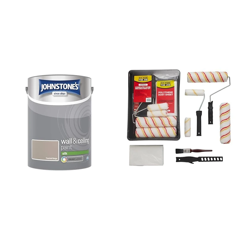 Johnstone's - Wall & Ceiling Paint - Toasted Beige - Silk Finish - Emulsion Paint - Fantastic Covera & Fit For The Job 10pcs Home Decorating Kit Paint Rollers & Tray Set with Paint Brush,Dust Sheet
