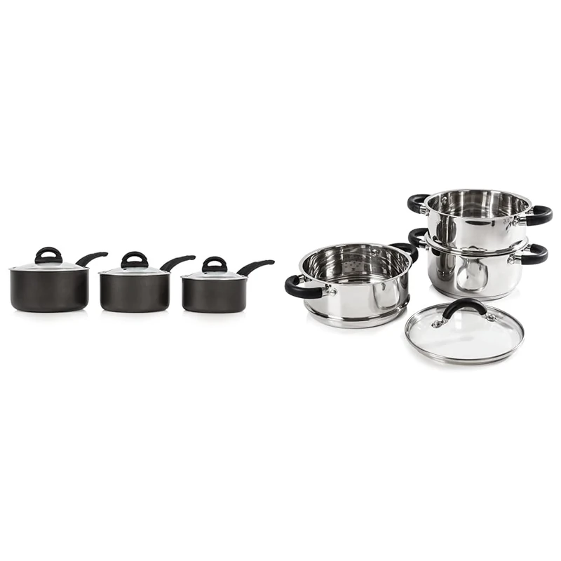 Tower T80302 Cerasure 3 Piece Saucepan Set with Non-Stick Coating, Suitable for All Hob Types & T80836 Essentials Induction Steamer Pans 3 Tier with Glass Lid, Silicone Handles, Stainless
