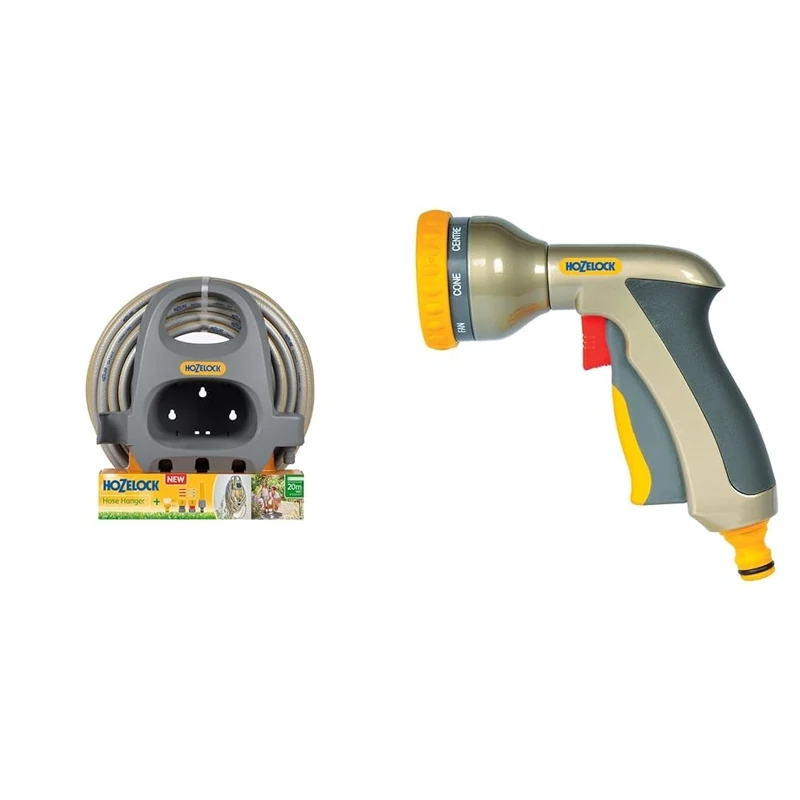 HOZELOCK - Starter Wall Hose Kit 20 m : Complete Kit with Fittings, Nozzle and 20 m Select Hose & HOZELOCK - Multi-Jet Spray Gun Plus : Ergonomic, Extremely Compact Metal Multi-Task Gun