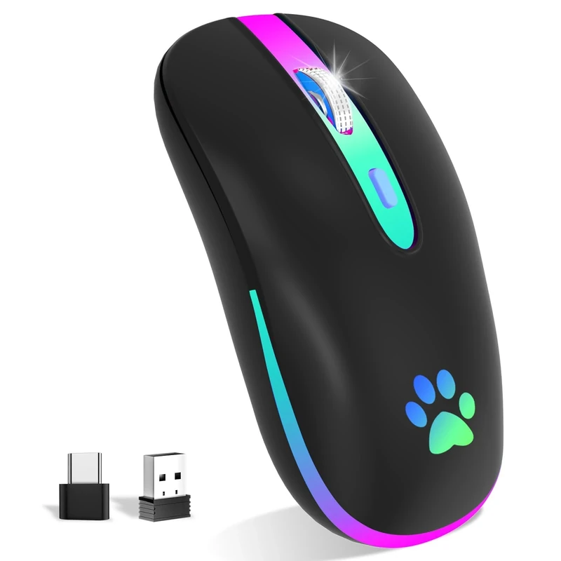 KBCASE Wireless Mouse USB 2.4G Bluetooth Mouse Rechargeable with 7 Colors Backlight 1600 DPI Wireless Gaming Mouse for Laptop, iPad,PC,Mac,Computer,Windows,Tablets,Andriod