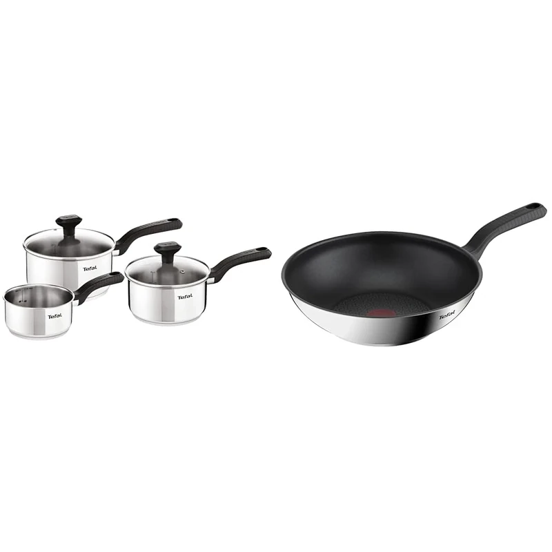 Tefal 3 Piece Comfort Max, Stainless Steel Saucepan Set, Silver & 28cm Comfort Max Stainless Steel Non-Stick Wok, Silver
