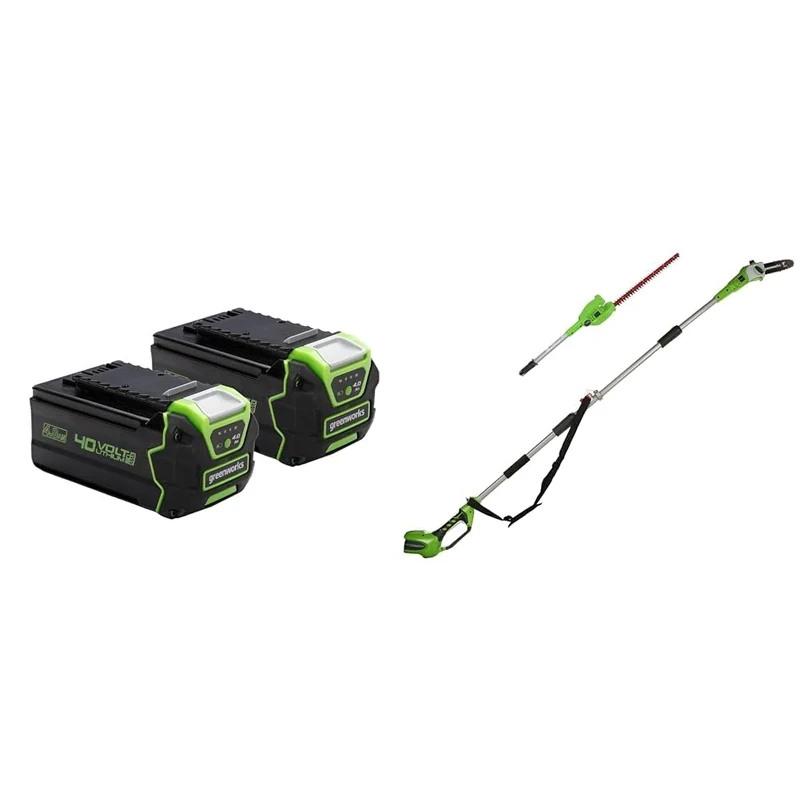 Greenworks 40V Battery Set of 2. Original Greenworks Batteries. Powerful 4Ah Lithium-Ion Batteries & G40PSH Cordless 2-in-1 Pole Saw and Pole Hedge Trimmer with Shoulder Strap - Image 1