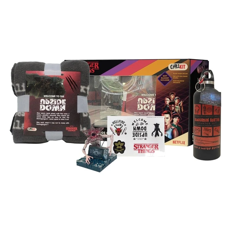 Neamedia Icons Netflix Chill Kit - Stranger Things, Official license, Fleece blanket, Collectible figurine, Stainless steel water bottle, Stickers board, gift idea for geeks and fans, christmas
