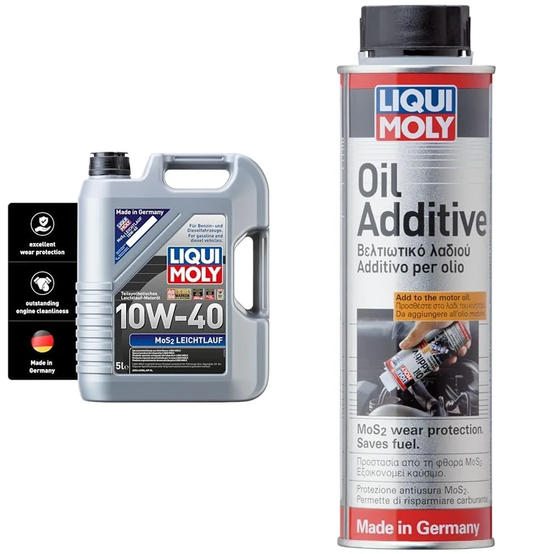 LIQUI MOLY MoS2 Leichtlauf 10W-40 | 5 L | Part-synthetic engine oil | SKU: 2184 & Oil Additive | 300 ml | Oil additive | SKU: 2591