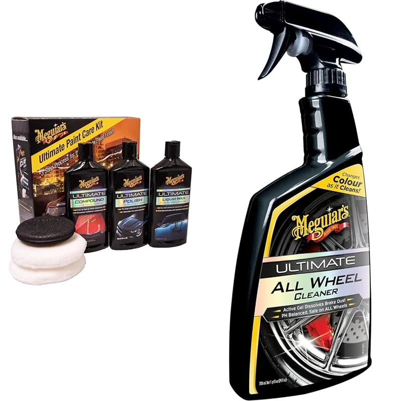 Meguiar's ULTPCKITEU Ultimate Paint Care Kit: 3 step process for the perfect paint finish. Contains & G180124EU Ultimate All Wheel Cleaner Iron Remover 709ml, Changes colour as it cleans!