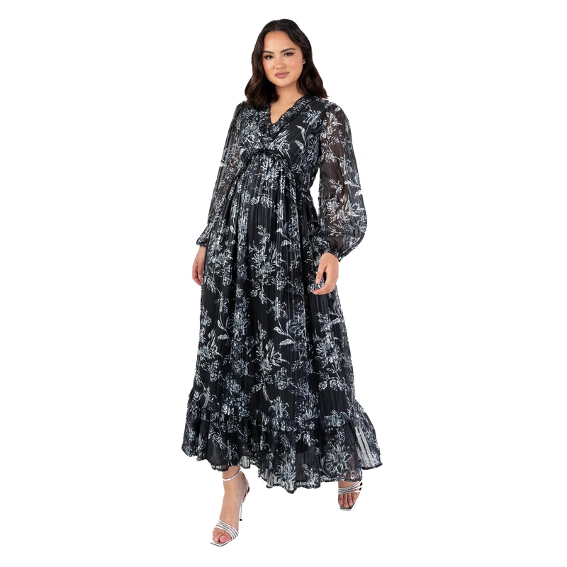 Lovedrobe Women's Maxi Dress Ladies V-Neck Long Balloon Sleeve Floral Print Ruffle Frill Keyhole Back A-line Evening Occasion Black 44, Black, 18