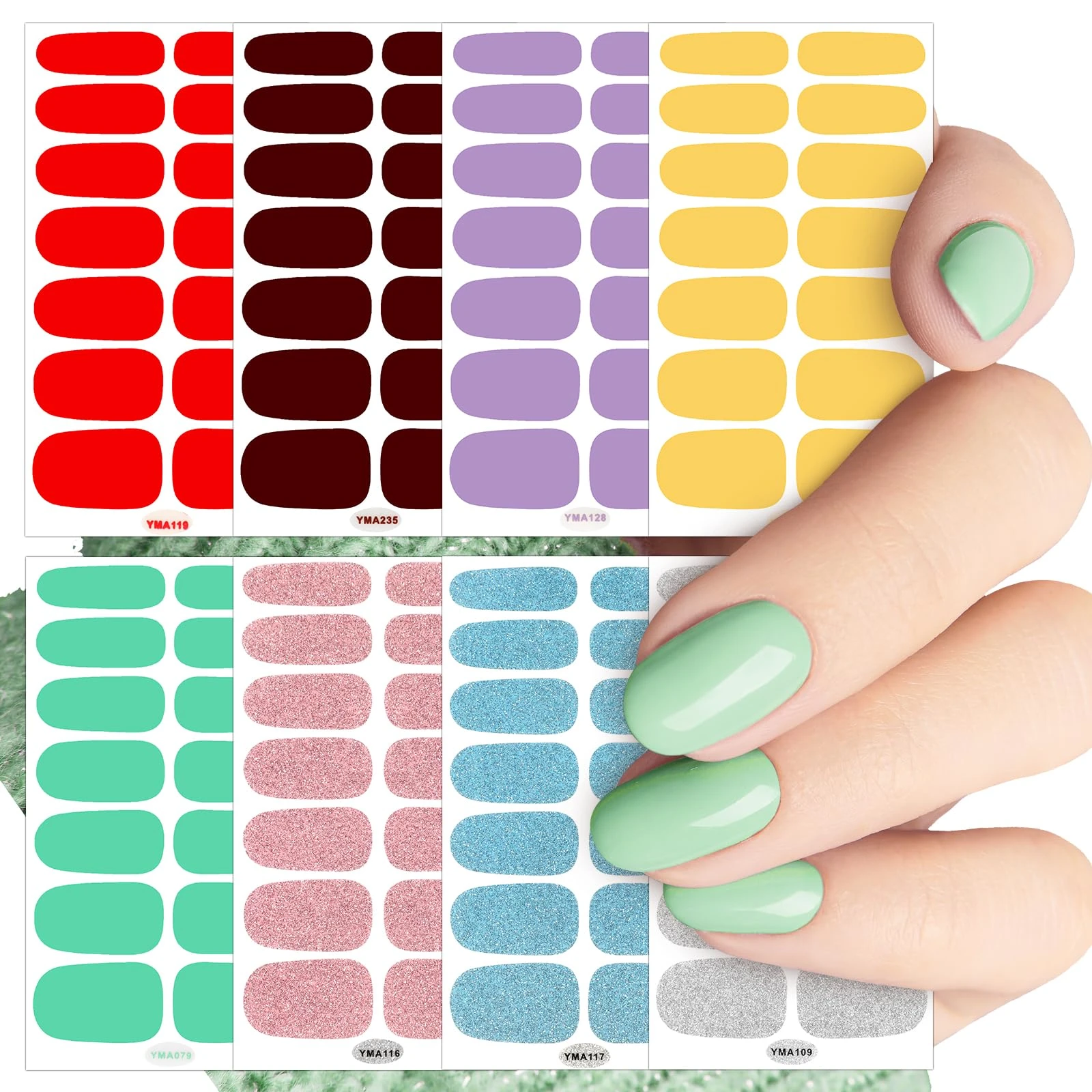 JSRQT Solid Glitter Color Full Wraps Nail Polish Stickers 8 Sheets Art Polish Decals Tips Self-Adhesive with Files Strips Bright Pink Wraps Art Designs for Women