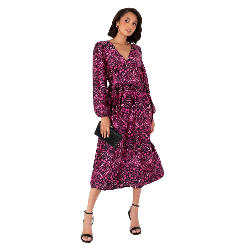 Lovedrobe Women's Midi Dress Ladies Long Balloon Sleeve V-Neck Satin Button Front Split Vibrant Print A-Line Evening Occasion, Pink 48, Fuchsia Pink, UK 11.5