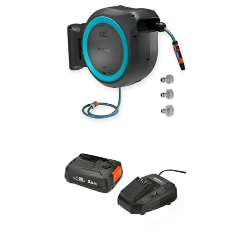 Gardena Battery-Powered Wall-Mounted Hose Box PowerRoll XL Including Start Set & Battery: Reel with 35m Garden Hose and Automatic roll-up, Hose Guide and RollControl.