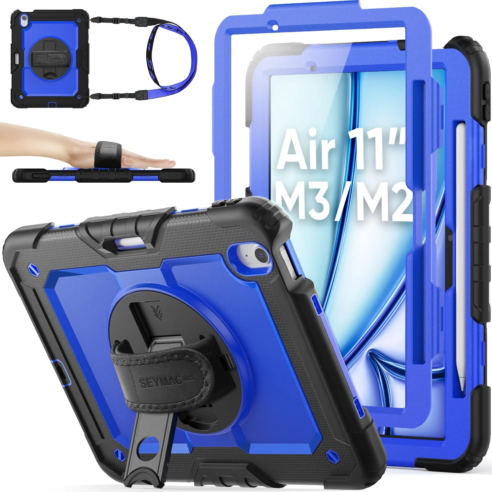 SEYMAC stock for iPad Air 11 inch Case (M3/M2, 2025/2024), Heavy Duty Shockproof Cover with Screen Protector, 360° Rotating Stand/Hand Strap, Shoulder Strap & Pencil Holder for iPad Air 11, Blue
