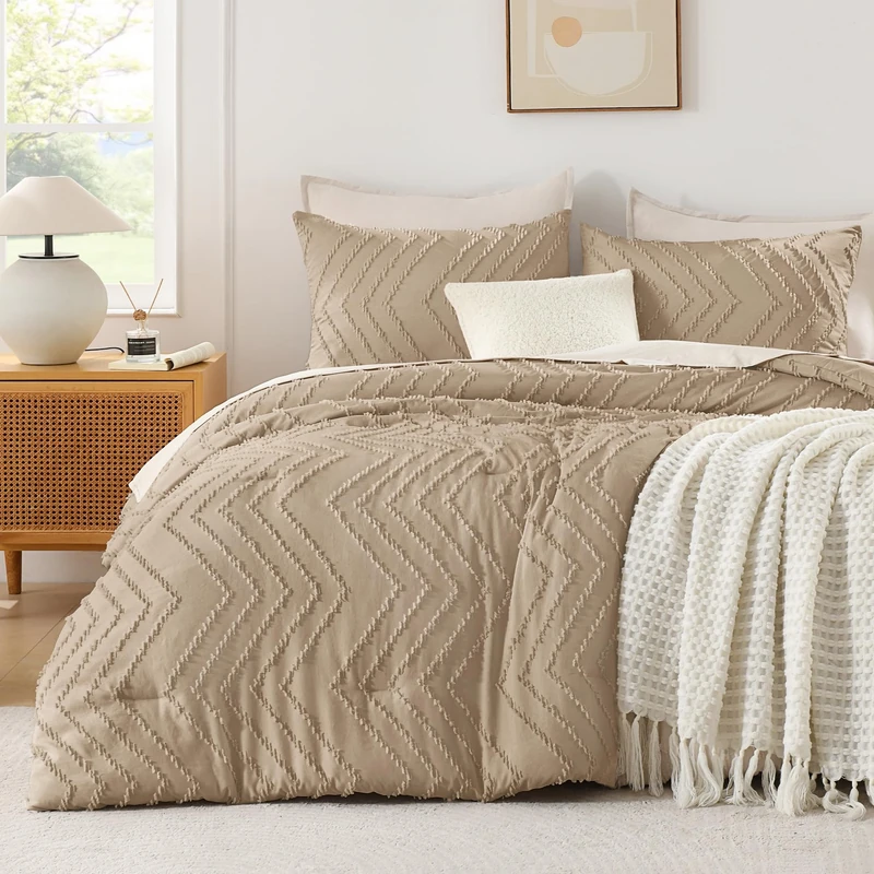 Andency Taupe Comforter Set Queen Size, 3 Pieces Boho Bed Set
