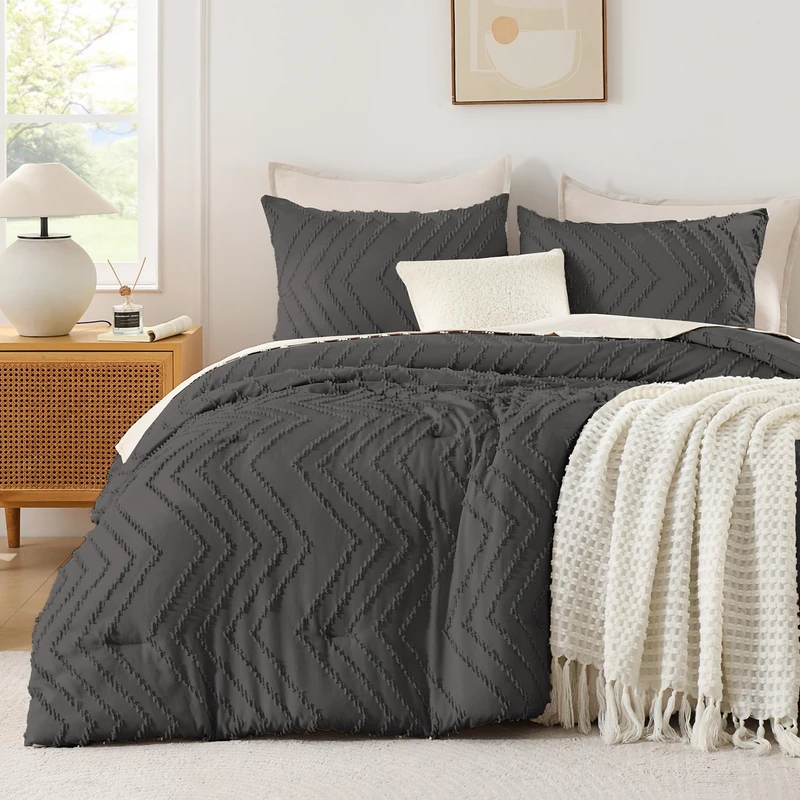 Andency Dark Grey California King Comforter Set, 3 Pieces Boho Bed Set