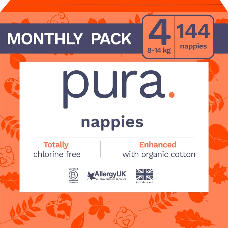 Pura Baby Nappies Size 4, 144 Count, 8-14kg/18-31lbs, Cloud Soft Premium Nappies for Hypoallergenic & Sensitive Skin, Toxin-Free*, Blowout Blocker™, Up to 12 Hours Leak Protection