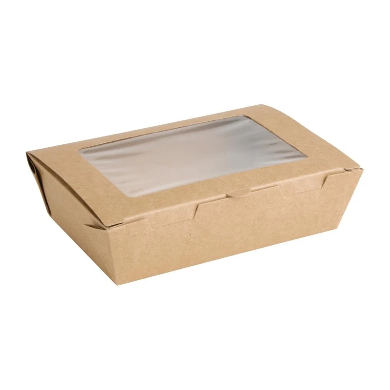 Fiesta Green Takeaway Salad Box with PET Window 700 ml (Pack of 200), Brown, Size: 45(H) x120(W) x172(D) mm, Microwaveable, PE Lined Prevents Leaking, FN897