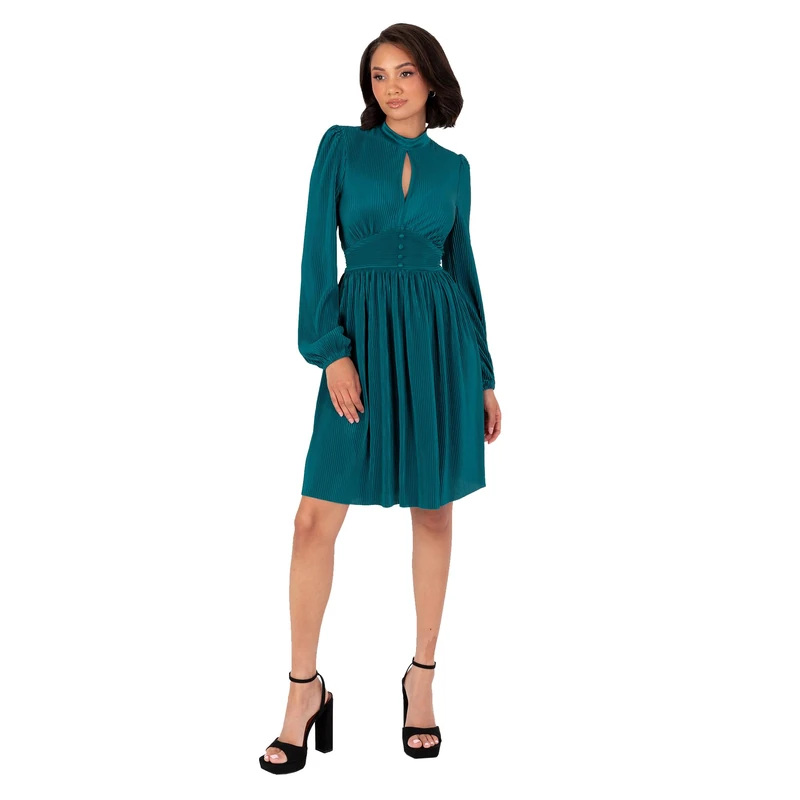 Lovedrobe Women's Mini Dress Ladies Long Balloon Sleeve High Neck Keyhole Detail Fit and Flare Pleated Cocktail Evening Occasion, Teal 16, Teal Green, 16 - Image 1