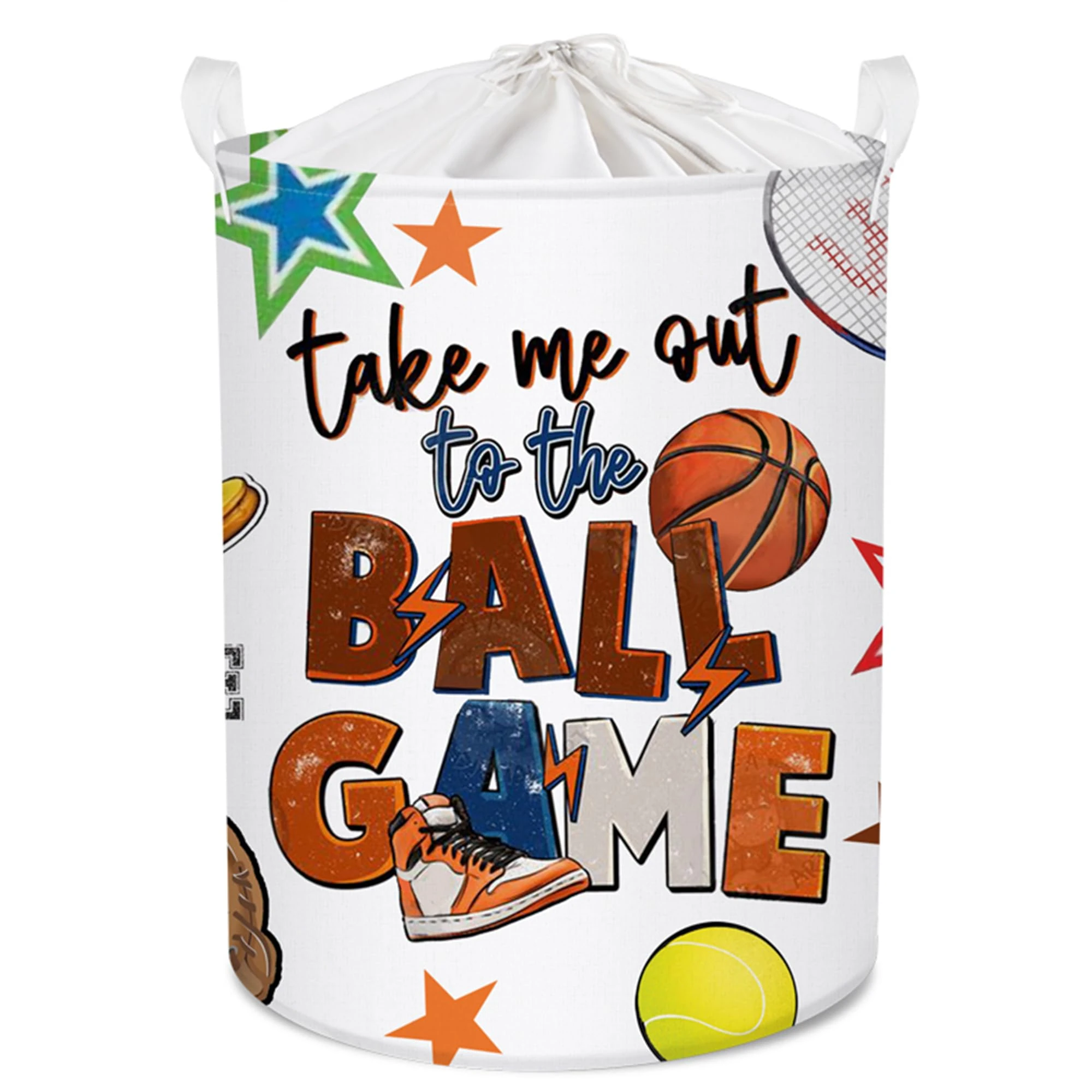 Clastyle 45L Large White Ball Basketball Football Kid Boy Laundry Hamper with Handle Collapsible Volleyball Tennis Sports Clothes Toy Storage Basket with Lid for Nursery