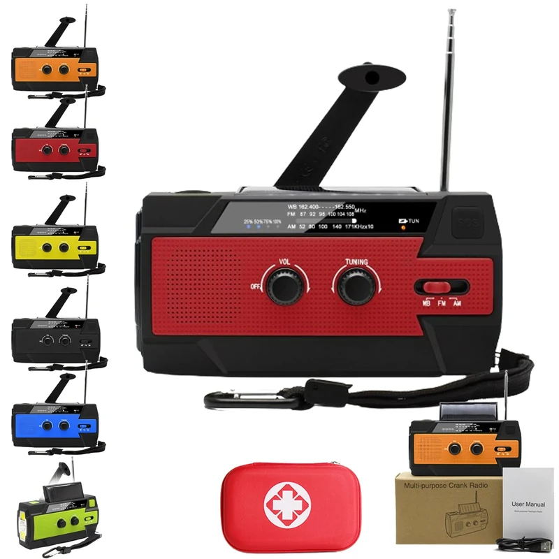 All-in-One Emergency Solar Powered Radio, Solar Powered Hand Crank Radio, Solar Powered Radio with Hand Crank, Solar Powered Radio Flashlight and Phone Charge, Rsolar Powered Emergency Radio (Red)