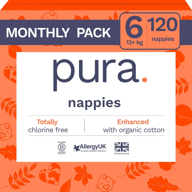 Pura Eco Baby Nappies - Size 6 (13kg+ / 26+ lbs), 6 x 20 Nappies (120 Total), Monthly Pack, Ultra Soft Nappies for Sensitive Skin, Organic Cotton, Up to 12hrs Leak Protection, New Size Guide