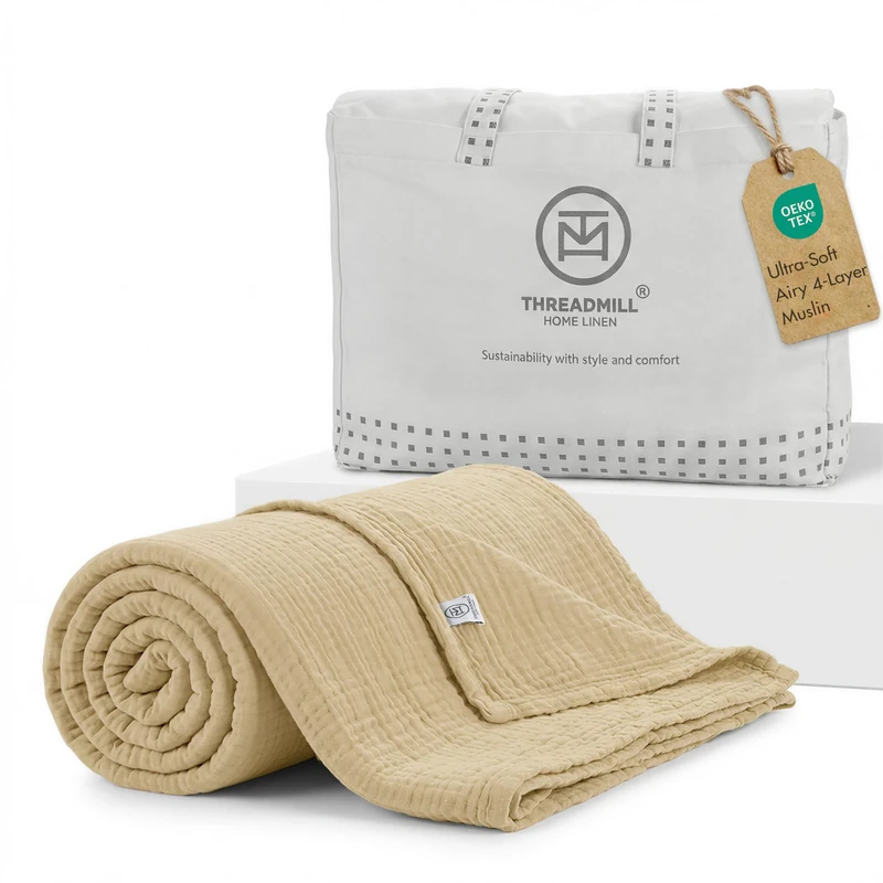 Threadmill Cotton Queen Blanket, Muslin, Beige, Prewashed, Lightweight