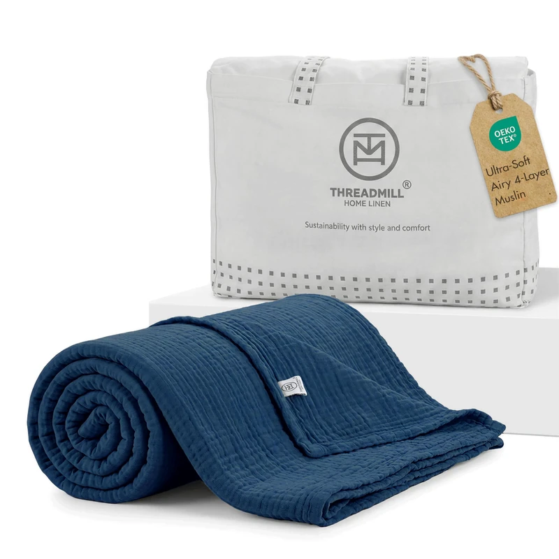 Threadmill Cotton King Blanket, Muslin, Folkstone Blue, 4-Layer Gauze Weave