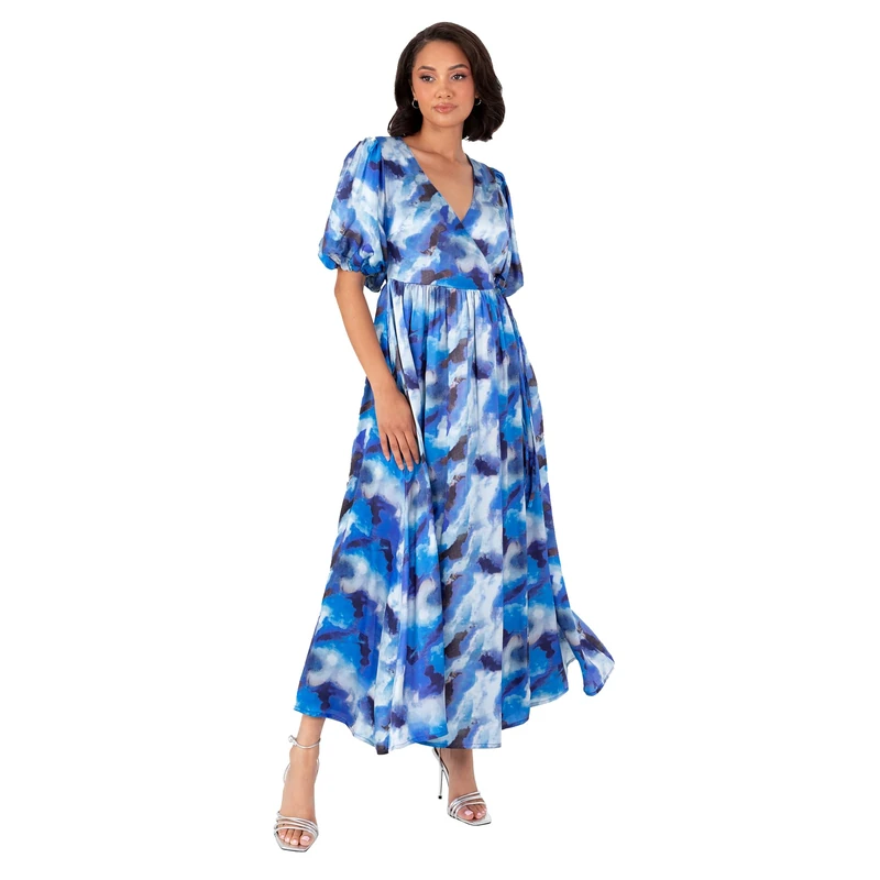 Lovedrobe Women's Midaxi Dress Ladies Satin Short Puff Sleeve V-Neckline Wrap A-line Floral Print Evening Occasion Wedding Guest, Blue 14