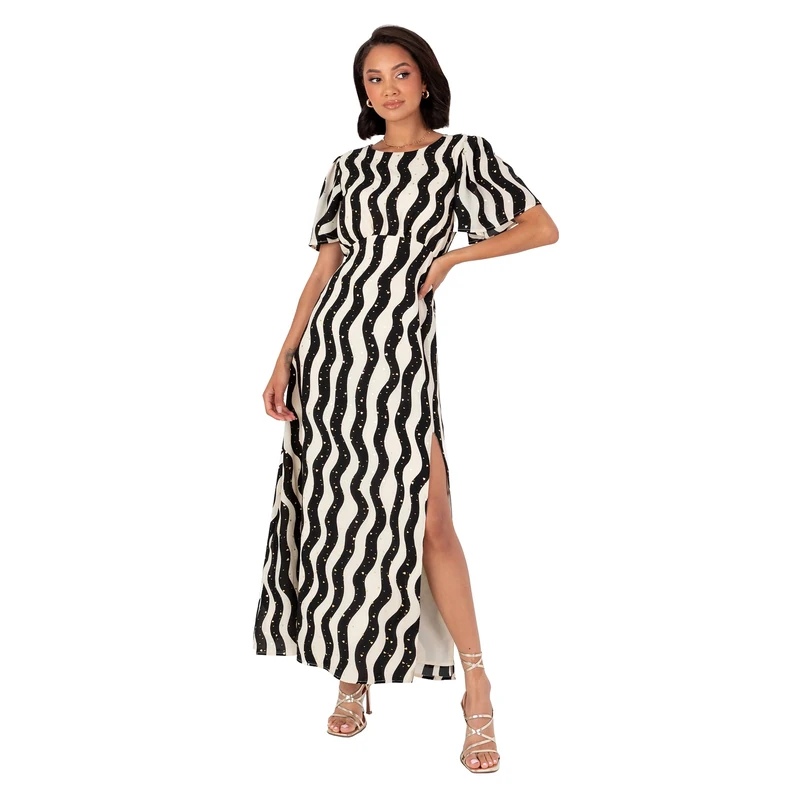 Lovedrobe Women's Midaxi Dress Ladies Round Neck Short Angel Sleeves Monochrome Wave Print Keyhole Back Elasticated Waist A-line Black and Cream 42, Black and Cream, 16