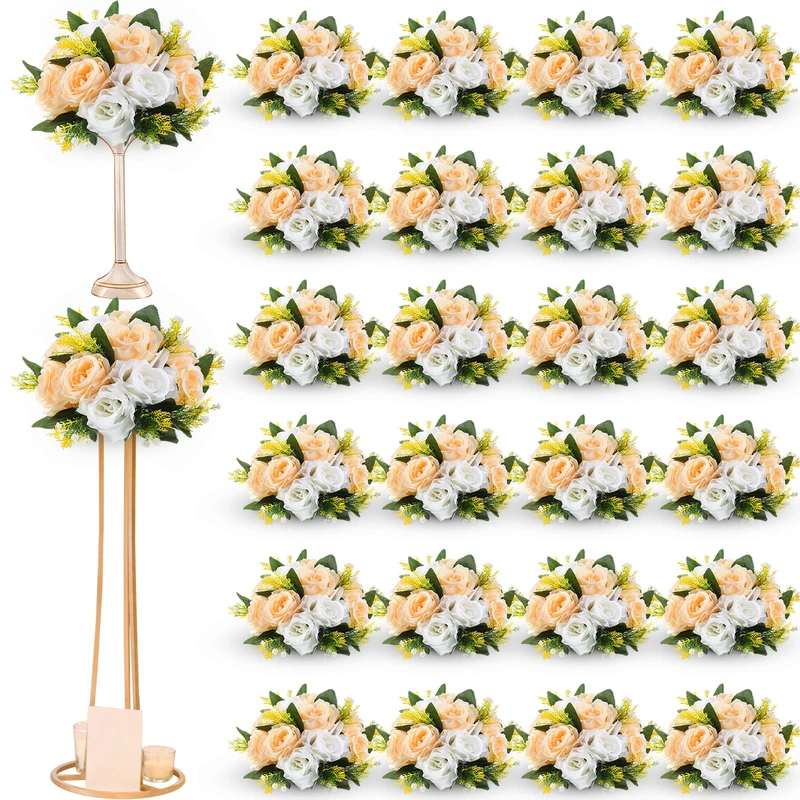 Hotop 24 Pcs Flower Balls Wedding Rose Centerpieces Silk Flower Kissing Balls Arrangement Artificial Hydrangea Flower Bouquet Faux Rose Floral Decoration (Champagne,White)