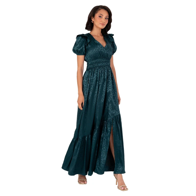 Lovedrobe Women's Maxi Dress Ladies V-Neck Short Sleeve Wrap Open Back Bow Detail Elasticated Waist Slit Satin A-line Occasion, Green 52, dunkelgrün, 26