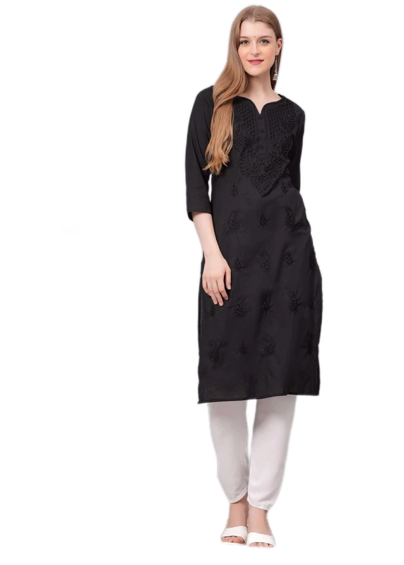 JG JAI GOVINDAM Indian Hand Embroidered Kurti for Women Chikankari Straight Cotton Long Kurti's Tunic Kurta Dreses for Women (US, Alpha, Small, Regular, Regular, Black) - Image 1