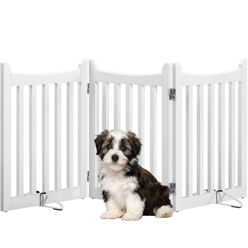 Yaheetech Wooden Pet Gate Indoor 3 Panels Freestanding Dog Fence with Support Feet&360°Hinges for Small and Medium Dogs, Barrier for House/Stairs/Doorway (White,60.5cm H X 152cm L)
