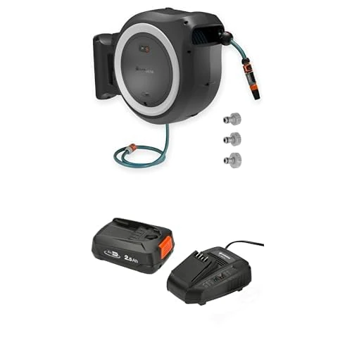 Gardena Battery-Powered Wall-Mounted Hose Box PowerRoll XXL 40m Including Start Set & Battery